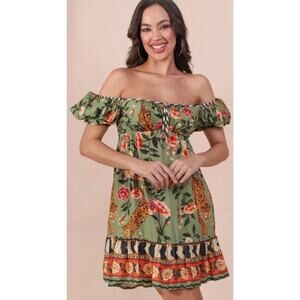 FARM RIO Puff Sleeve Milkmaid Mini Dress Small Green Jaguar's Hideaway Floral